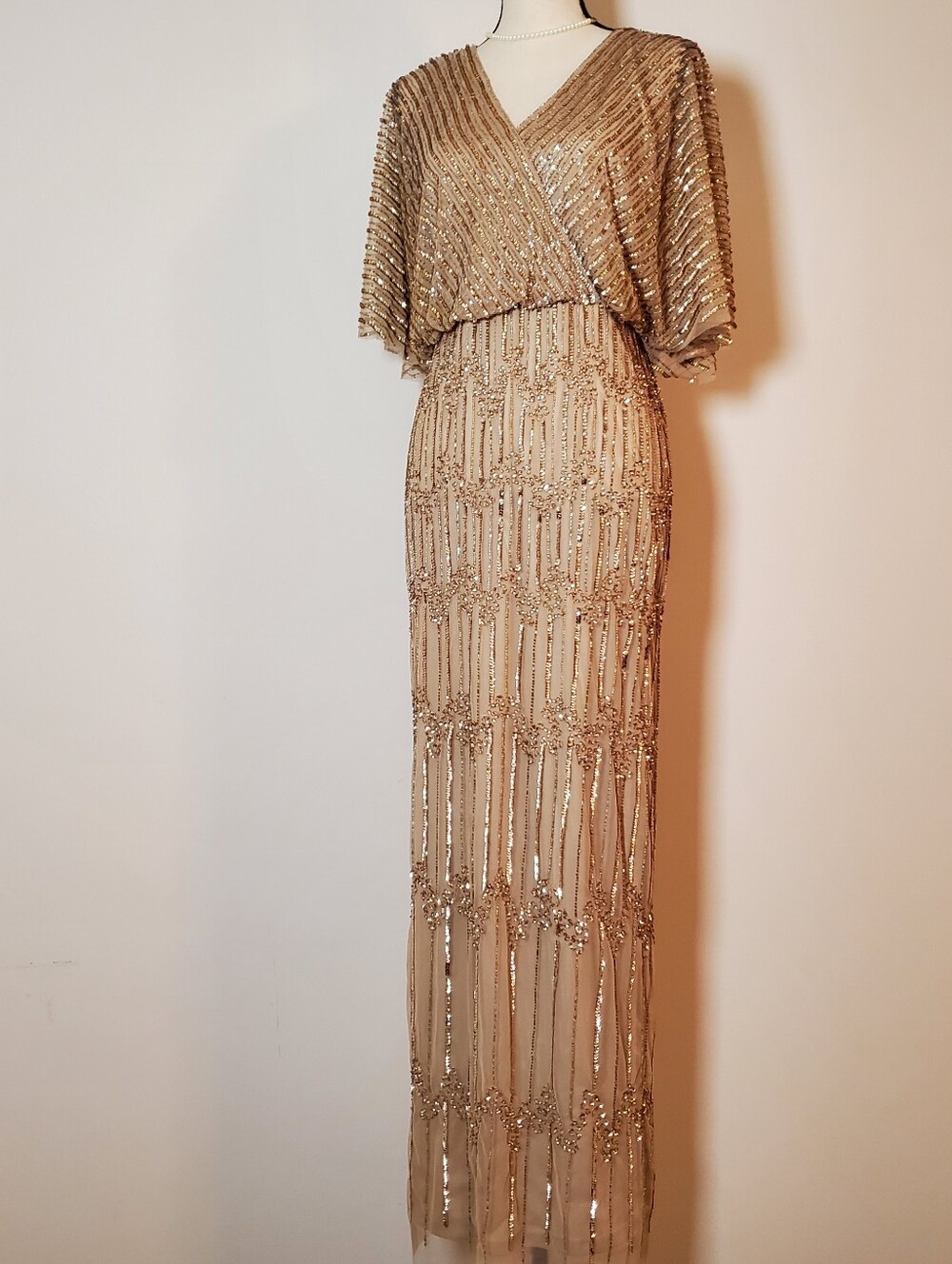 Adrianna Papell Sparkly Gold Sequined Beaded Maxi Sheath Dress Size 10